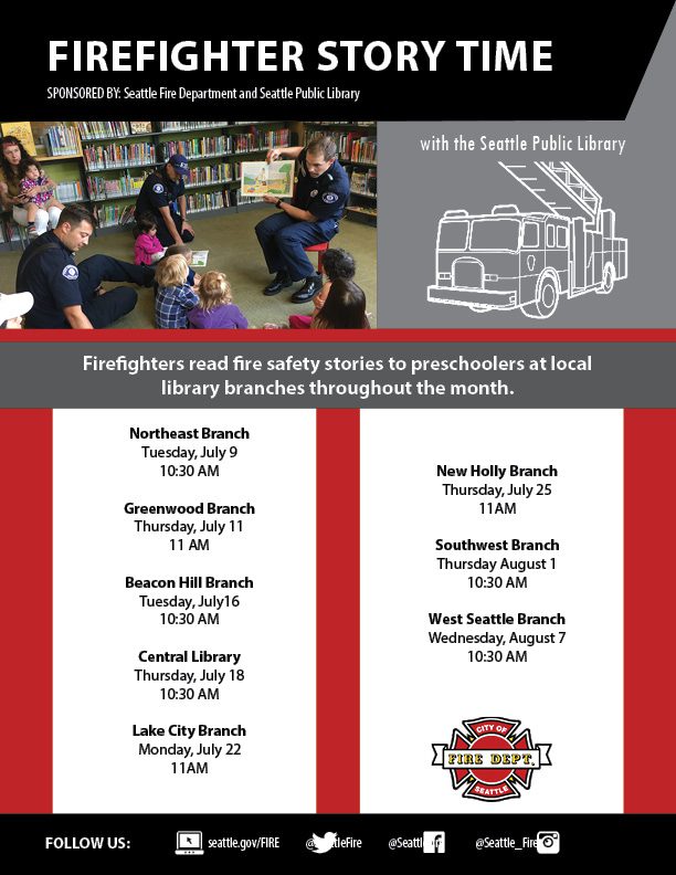 Flyer with times, dates and locations of the Firefighter Story Times in July and August 2019