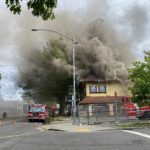 Fire erupts from the former Borracchini's Bakery