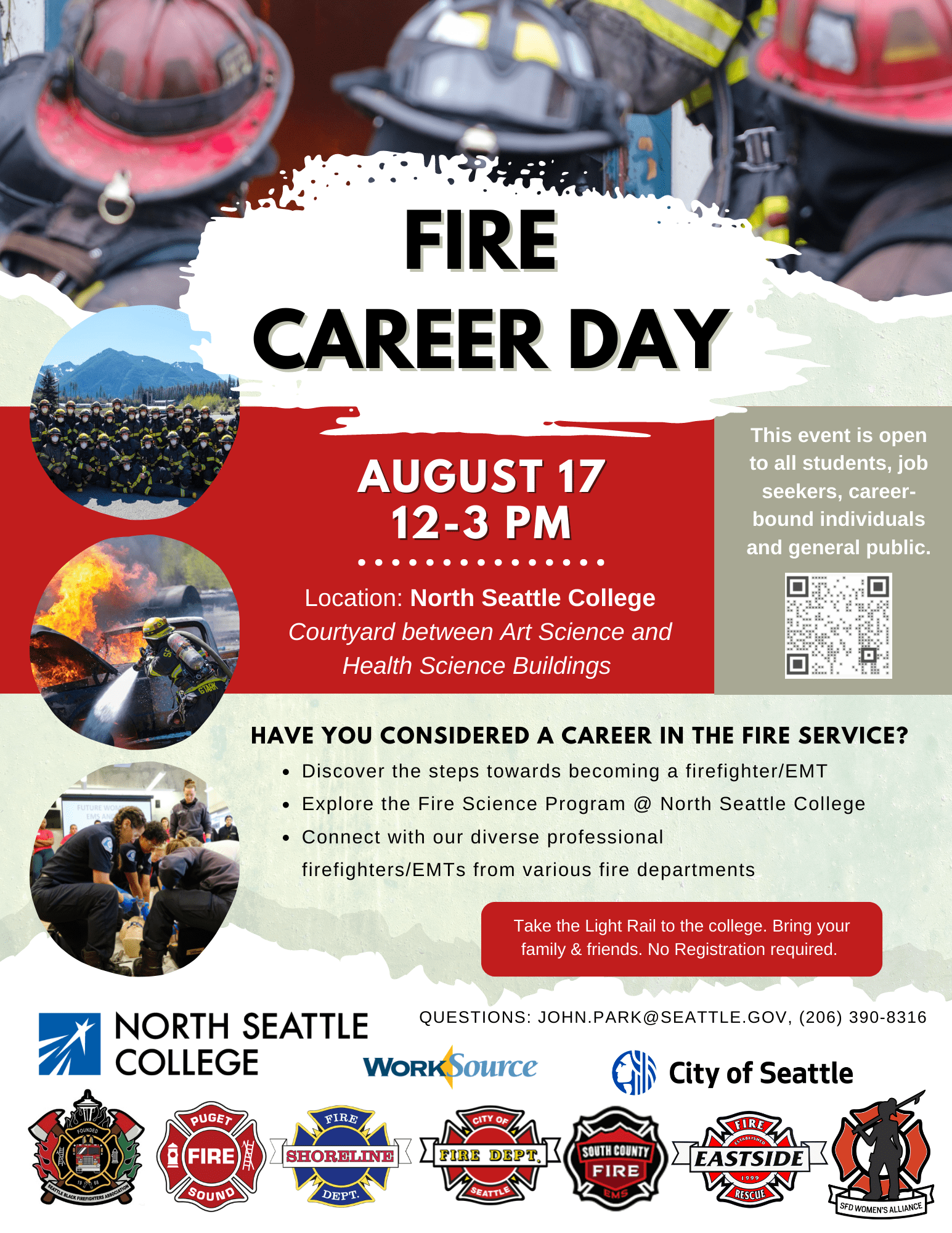 Flyer promotes an upcoming Fire Service Career Day from noon to 3 p.m. on August 17 at North Seattle College. The exact location is the courtyard between the Art Science and Health Science buildings. There is a QR code for people who wish to use their mobile device cameras for more information. At the bottom are the logos of the 10 sponsoring departments.