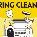 Page banner with deep yellow and light yellow background with the works Spring Cleaning across the top of an image of housecleaning tools. SFD logo appears on the left bottom and QR code to SFD's fire & life safety videos appears on the bottom right.