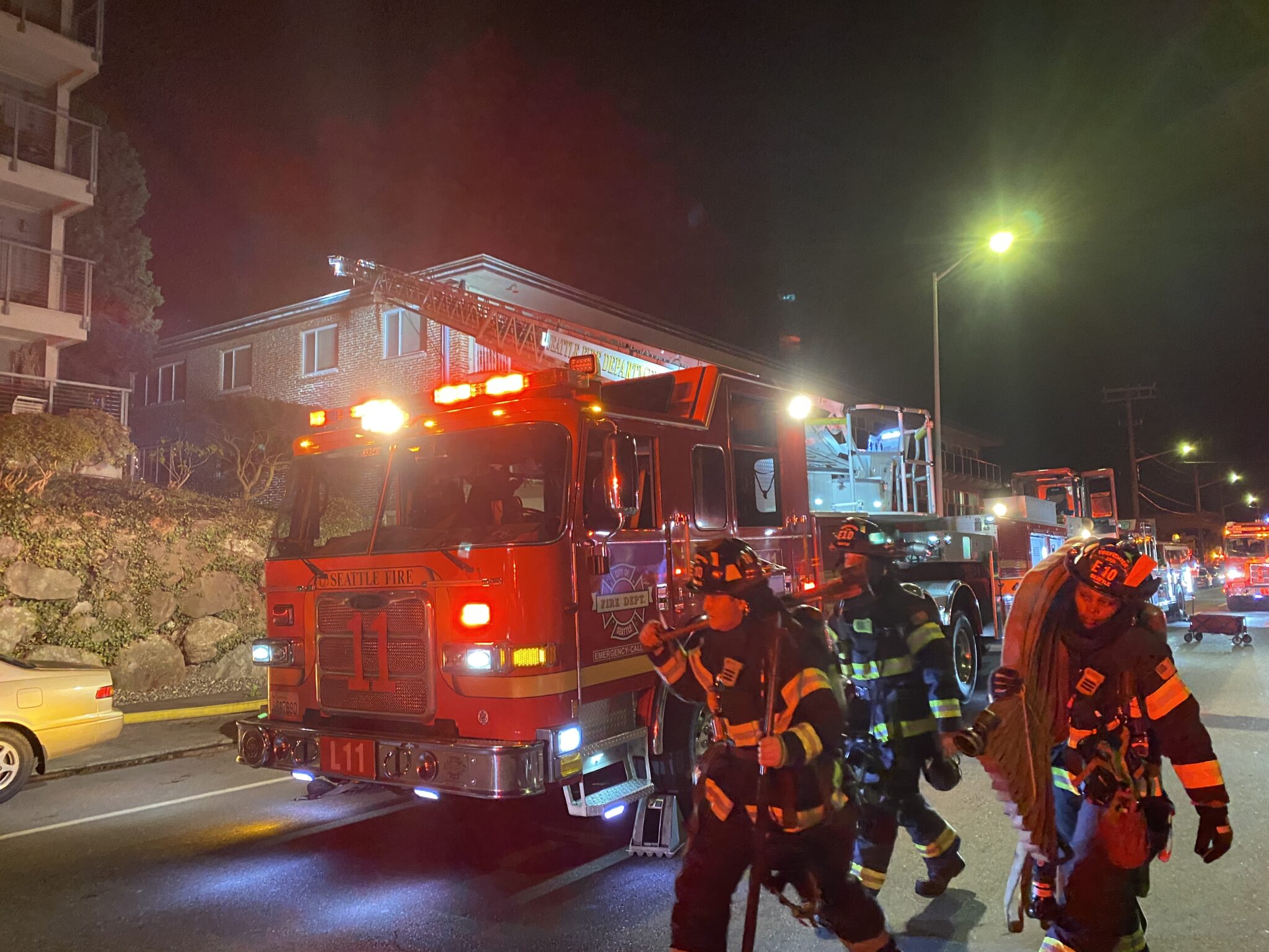 Firefighters responding to a food-on-stove fire that extended to the kitchen of a basement unit within an apartment building.