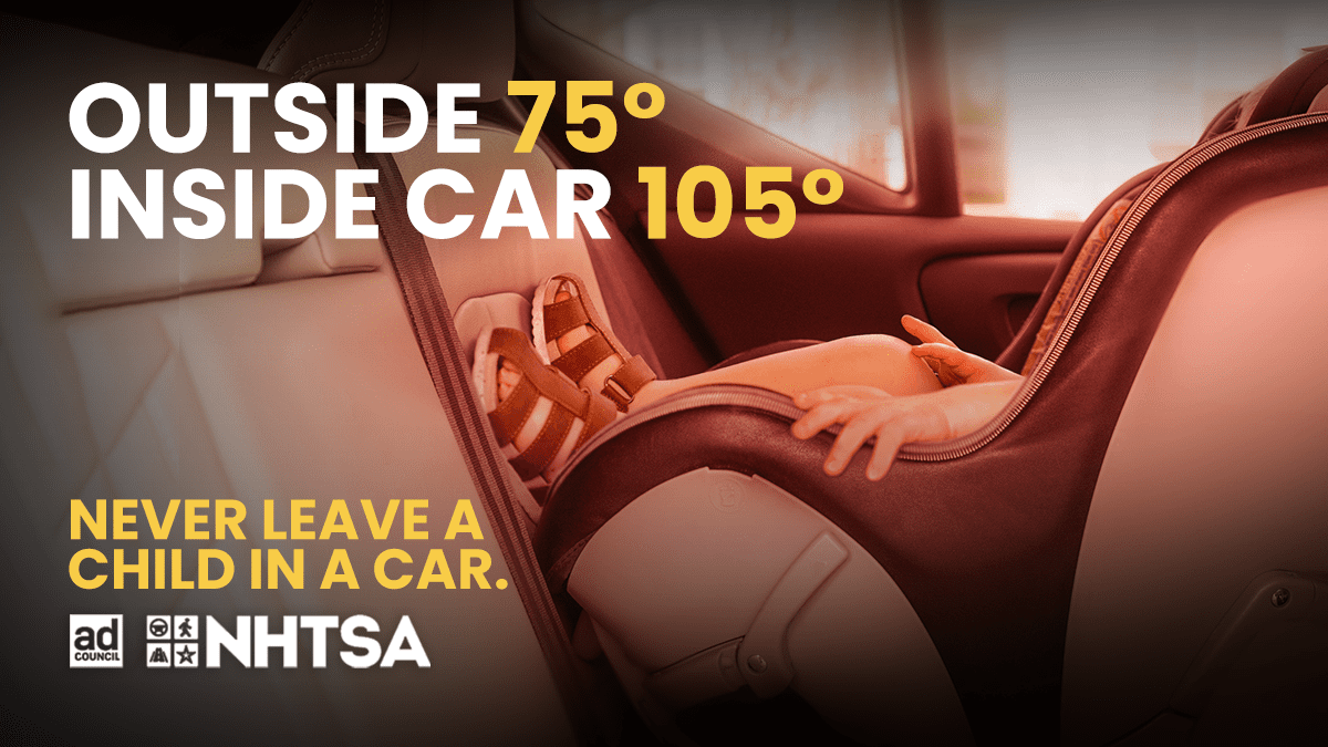 Picture showing a child in the back of a car sitting in a car seat facing backward with the text outside 75 degrees, inside car 105 degrees and never leave a child in a car.