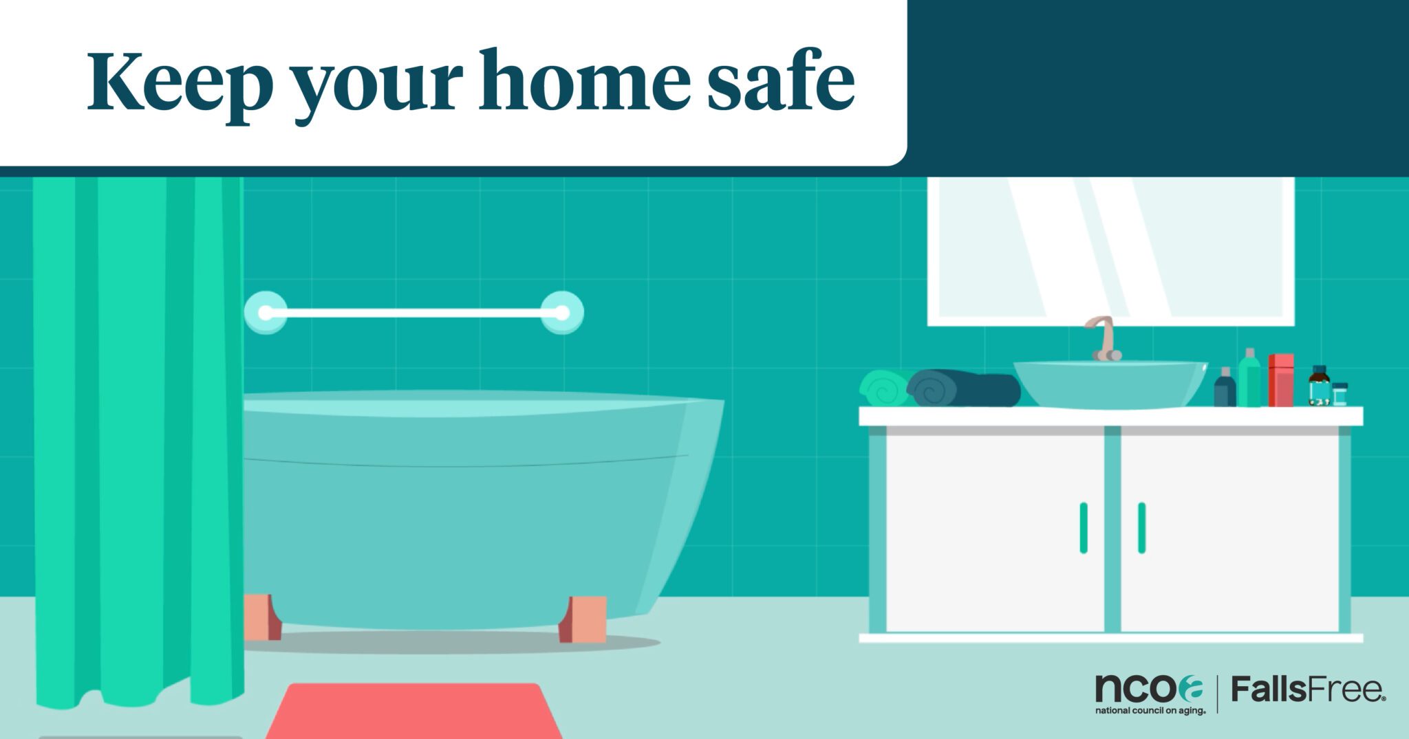 Keep your home safe. Image of a bathroom with a tub and sink with no trip hazards to prevent falls