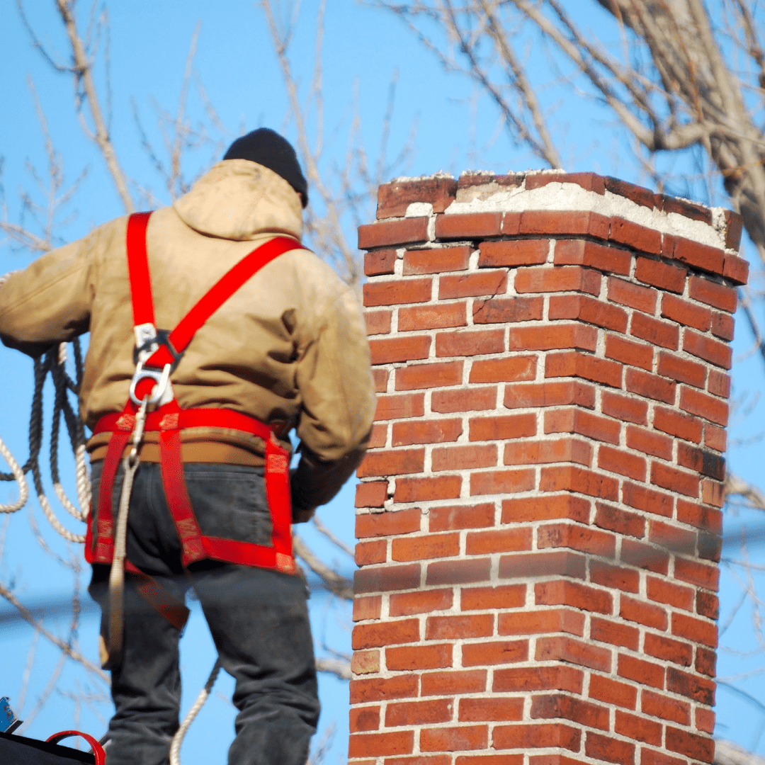Man on a roof next to a brick chimney
