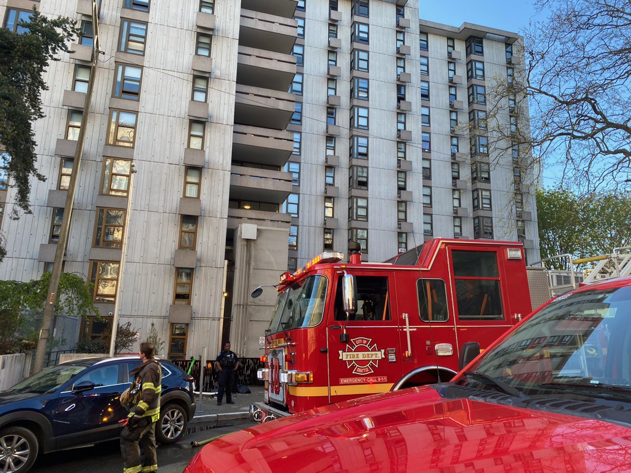 Fire engine parked in front of building.